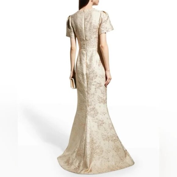 NWT Teri Jon Rickie Freeman Gold Beaded Jacquard Trumpet Gown Size 2 - Picture 11 of 12